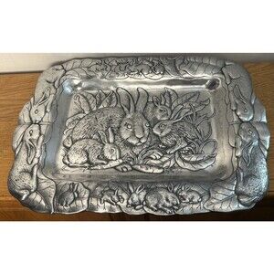 Arthur Court Vintage 1985 Aluminum Bunny/Lettuce Serving TrayTray Rabbits 18.5"